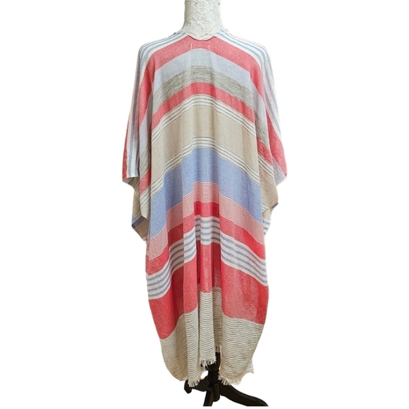 By Anthropologie Kimono Boho Striped Open Front Cotton Fringe Hem Beachy Poncho - Picture 4 of 11